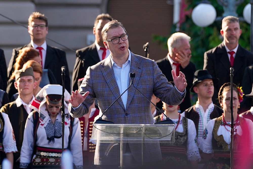 Serbian President Aleksandar Vucic speaks during the gathering the 