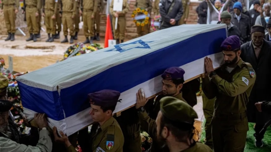 Israeli soldiers carry the flag-draped casket a IOF soldier who was killed during Israel’s ground invasion  in the Gaza Strip. (AP)