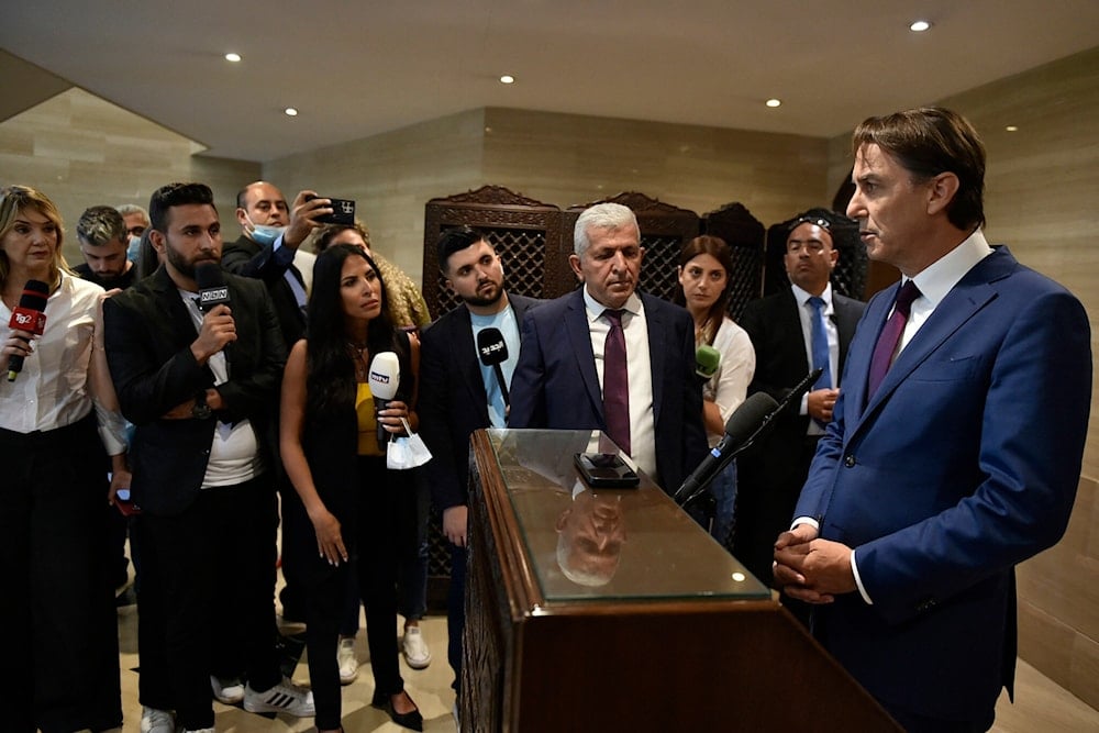 US special envoy Amos Hochstein addresses the media after meeting with Lebanon's parliament speaker in Beirut on June 18, 2024. (AFP)