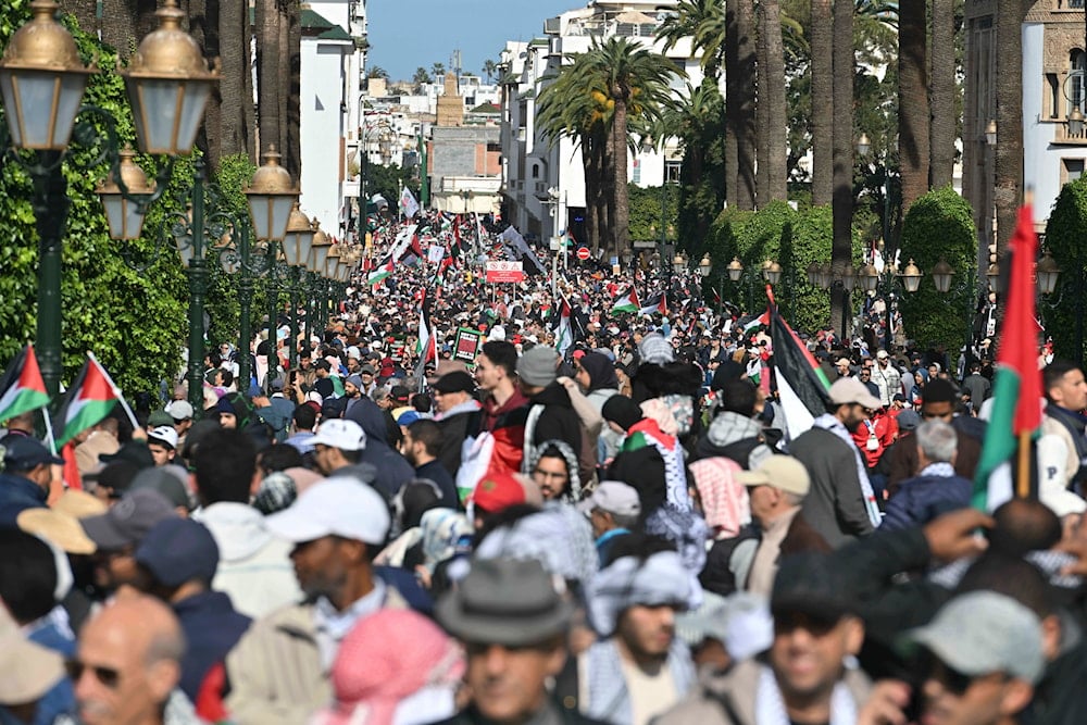 Moroccans take part in a protest in support of Palestinians in Gaza and against normalization of relations between Morocco and the Israeli occupation, in Rabat, Morocco, February 11, 2024 (AP)