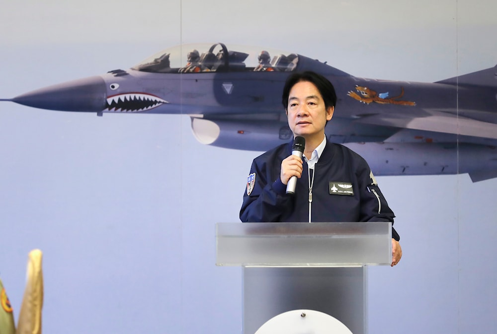 Taiwan President Lai Ching-te delivers a speech during his visit to inspect Taiwanese air force in Hualien County, Eastern Taiwan, Tuesday, May 28, 2024. (AP)