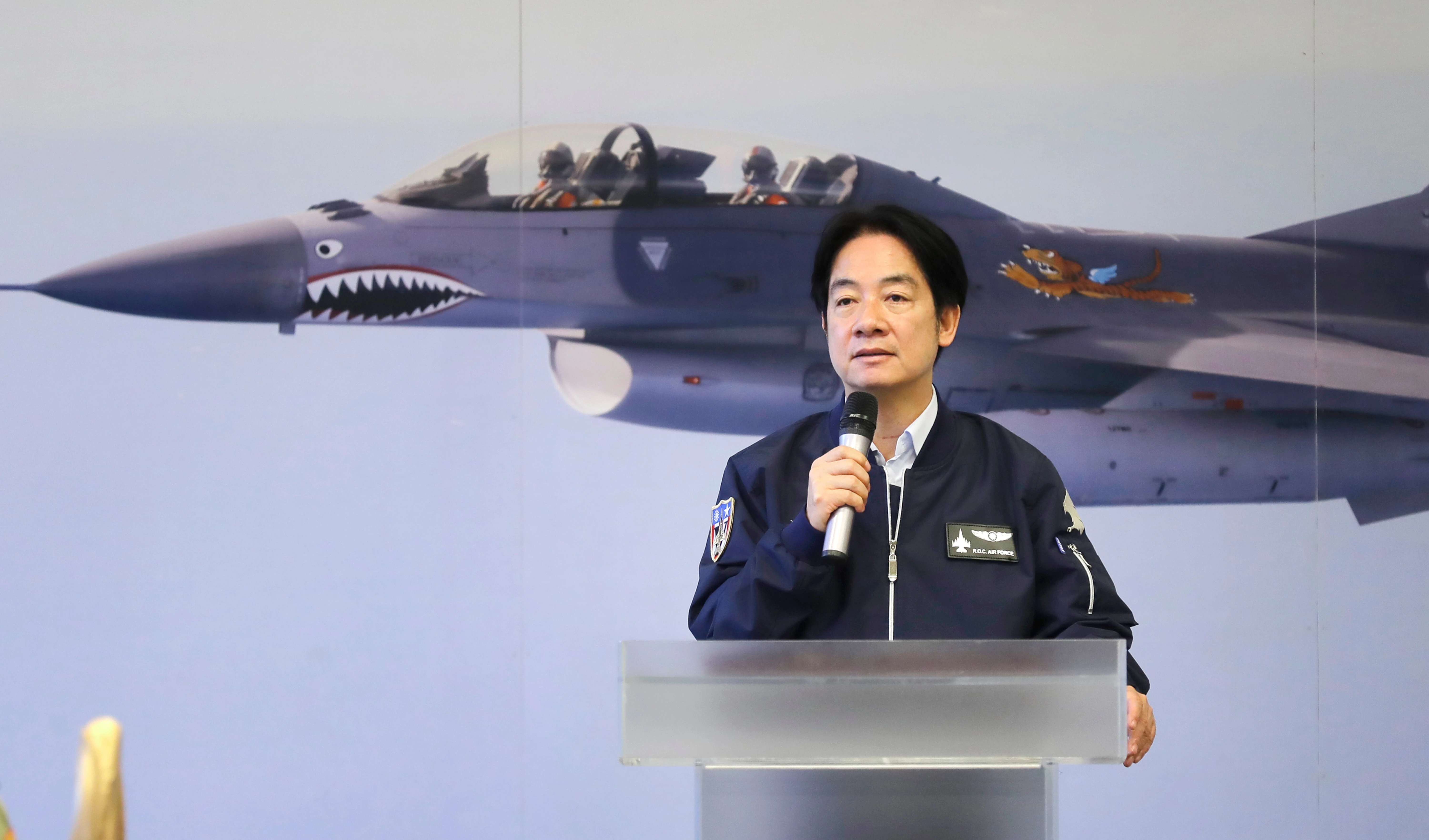 Taiwan President Lai Ching-te delivers a speech during his visit to inspect Taiwanese air force in Hualien County, Eastern Taiwan, Tuesday, May 28, 2024. (AP)