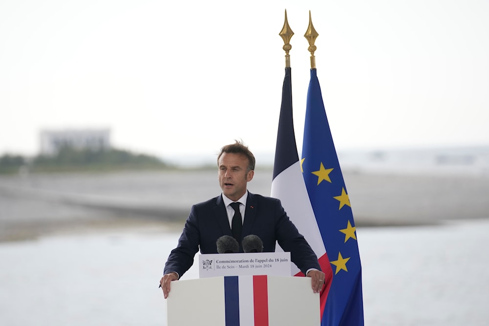 French President Emmanuel Macron delivers a speech during a ceremony Tuesday, June 18, 2024 on the Île de Sein, Brittany. (AP)