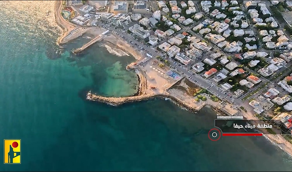 A screenshot taken by a video published by Hezbollah as part of the Hoopoe mission shows the Haifa port on June 18, 2024. (Hezbollah Military Media)