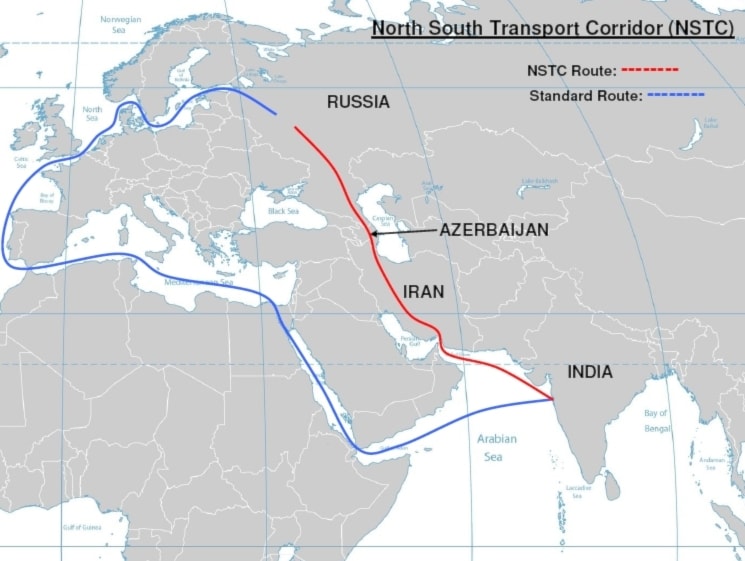 Map of North South Transport Corridor route vs standard route from India (Wikimedia Creative Commons)