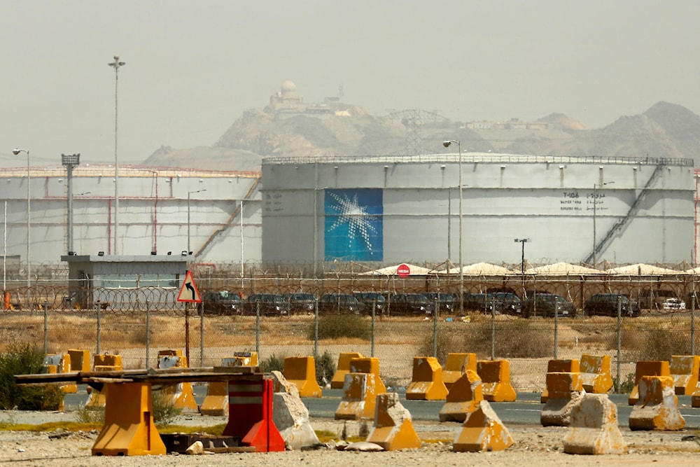 Storage tanks are seen at the North Jeddah bulk plant, an Aramco oil facility, in Jeddah, Saudi Arabia, on March 21, 2021 (AP)