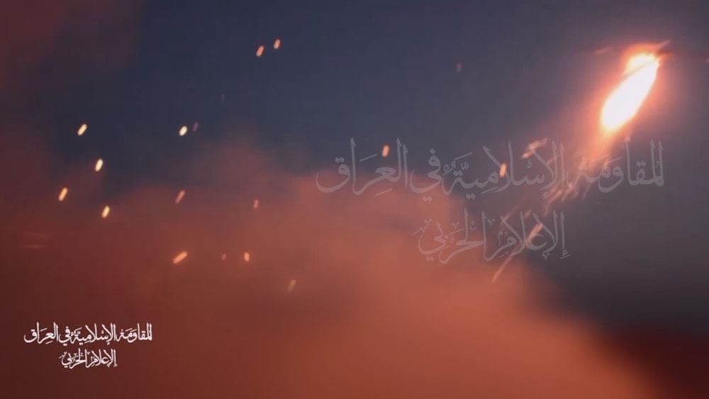 A screengrab showing a drone launched by the Islamic Resistance in Iraq towards occupied Umm al-Rashrash in the early hours of May 20, 2024. (Military media)