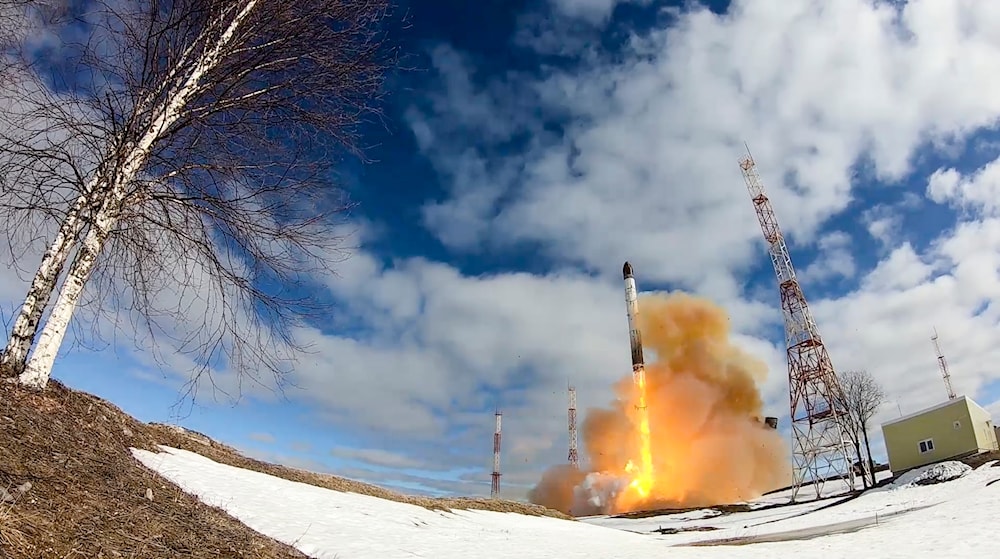 In this photo released by Russian Defense Ministry Press Service on April 20, 2022, a Sarmat intercontinental ballistic missile is launched from Plesetsk in northwestern Russia (Russian Defense Ministry Press Service via AP) 