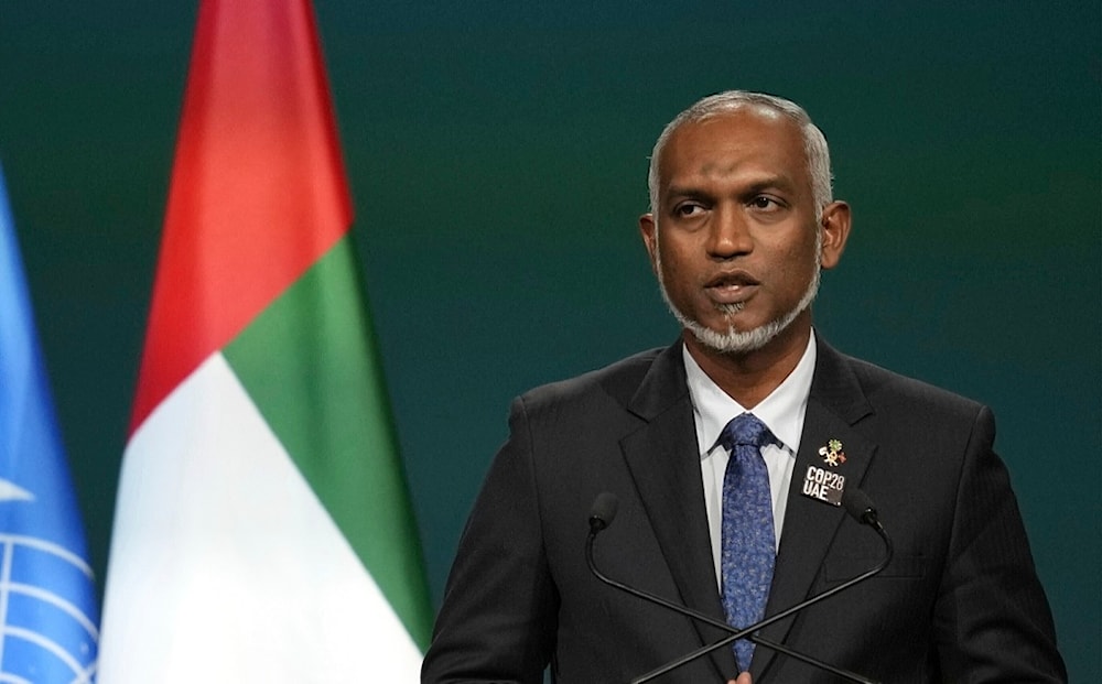  Maldives President Mohamed Muizzu speaks during a plenary session at the COP28 U.N. Climate Summit, Dec. 1, 2023, in Dubai, United Arab Emirates (AP)