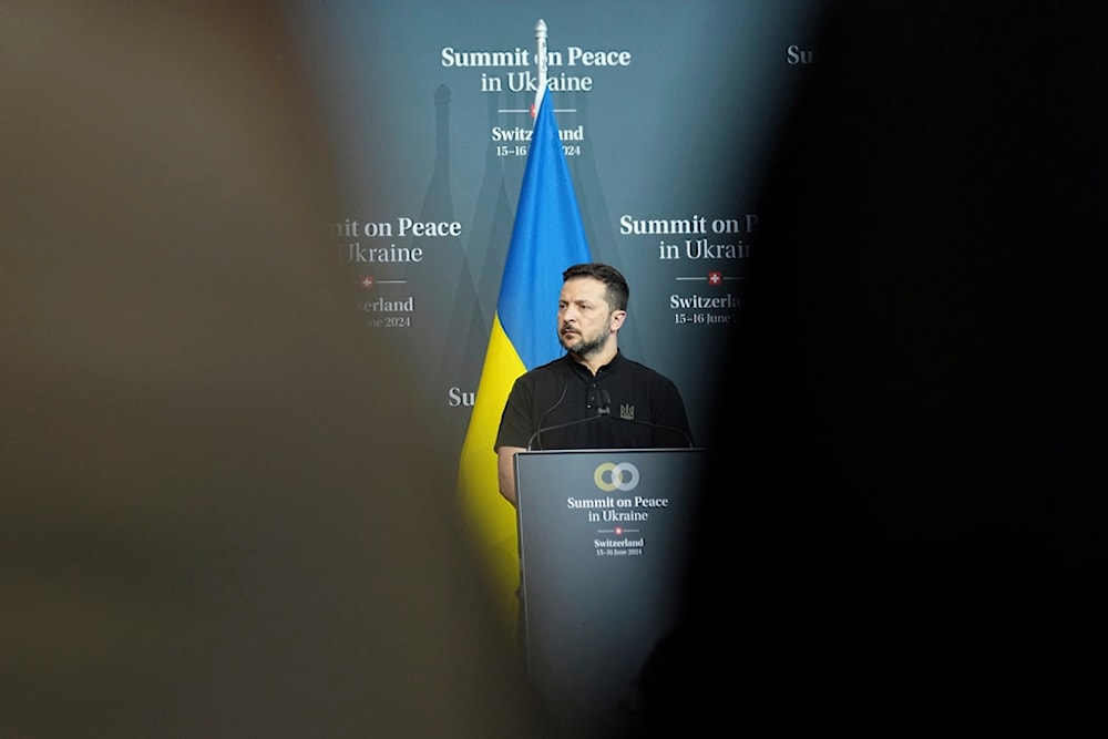 Ukraine's President Volodymyr Zelenskyy speaks during the closing press conference of the Ukraine peace summit in Obbürgen, Switzerland, Sunday, June 16, 2024. (AP)