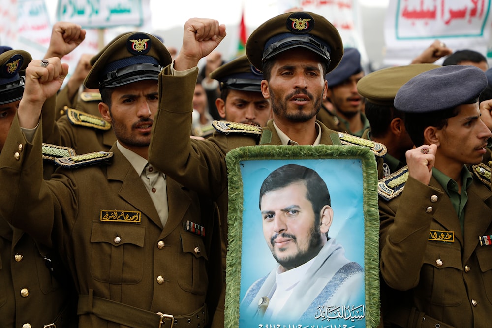 Houthi supporters attend a rally against the US-led strikes against Yemen and in support of Palestinians in the Gaza Strip, in Sanaa, Yemen, February 16, 2024 (AP)