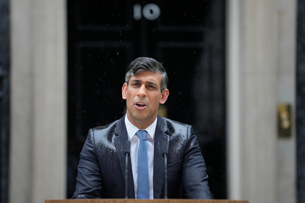 Britain's Prime Minister Rishi Sunak speaks to the media outside 10 Downing Street in London on May 22, 2024. (AP)