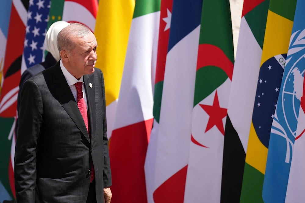 Turkish President Recep Tayyip Erdogan arrives on day two of the 50th G7 summit at Borgo Egnazia, southern Italy, on June 14, 2024. (AP)