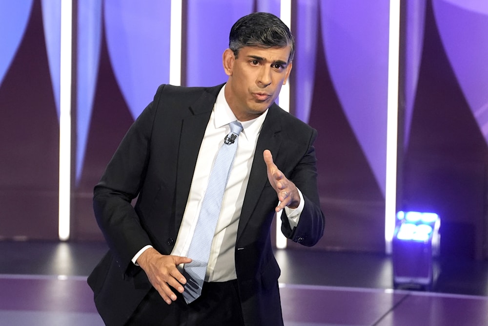 British Prime Minister Rishi Sunak speaks during a BBC Question Time Leaders' Special in York, England, Thursday June 20, 2024. (AP/Pool)