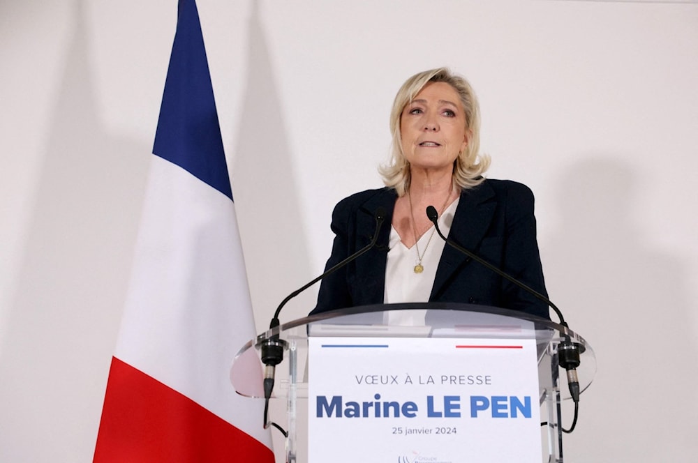 Marie Le Pen addresses her New Year wishes to the press during a news conference on January 25, 2024. (AFP)