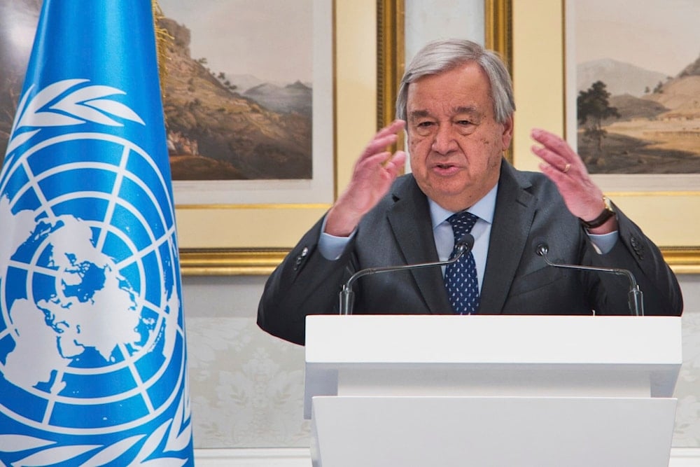 United Nations Secretary-General Antonio Guterres speaks to journalists in Doha, Qatar, Monday, Feb. 19, 2024. (AP)