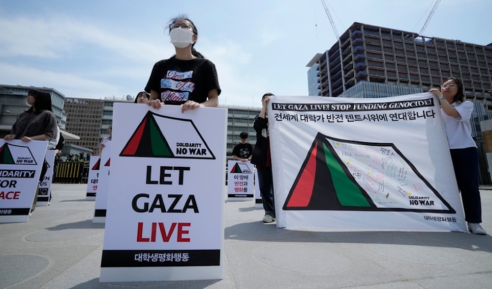 University students supporting Palestine stage a rally near the US Embassy in Seoul, South Korea, Friday, May 10, 2024. (AP)