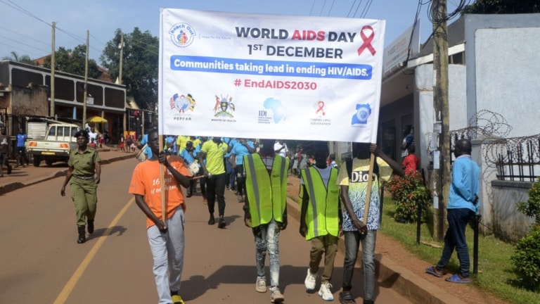 A group of Ugandan citizens mark World AIDS Day in Kampala, Uganda. (AFP/Getty Images)