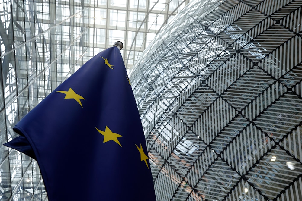 The European Union flag inside the atrium during an EU summit at the European Council building in Brussels, Monday, June 17, 2024. (AP)