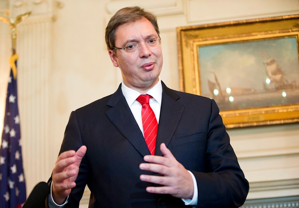 Serbian Prime Minister Aleksander Vucic speaks to members of the media during his meeting with Secretary John Kerry at the State Department in Washington, Wednesday, Sept. 16, 2015. (AP)