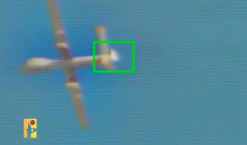 A screen grab from a video showing an Israeli Hermes 900 UAV being downed by Hezbollah fighters. (Military Media of the Islamic Resistance in Lebanon)