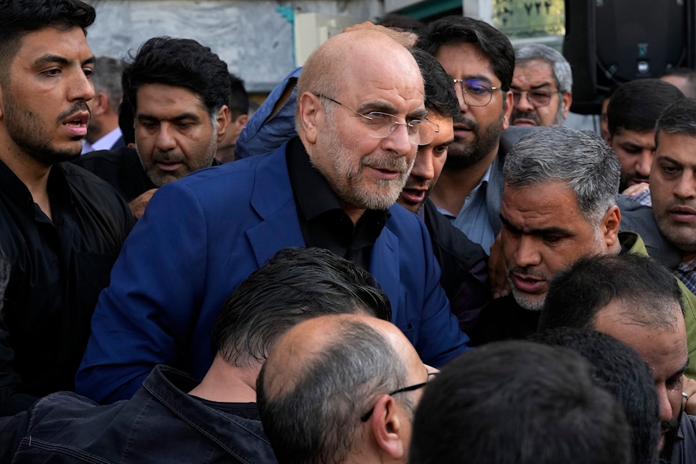 Iran's parliament speaker Mohammad Bagher Qalibaf, the most prominent candidate for the June 28, presidential election, leaves a campaign meeting in Tehran, Iran, Saturday, June 15, 2024. (AP)