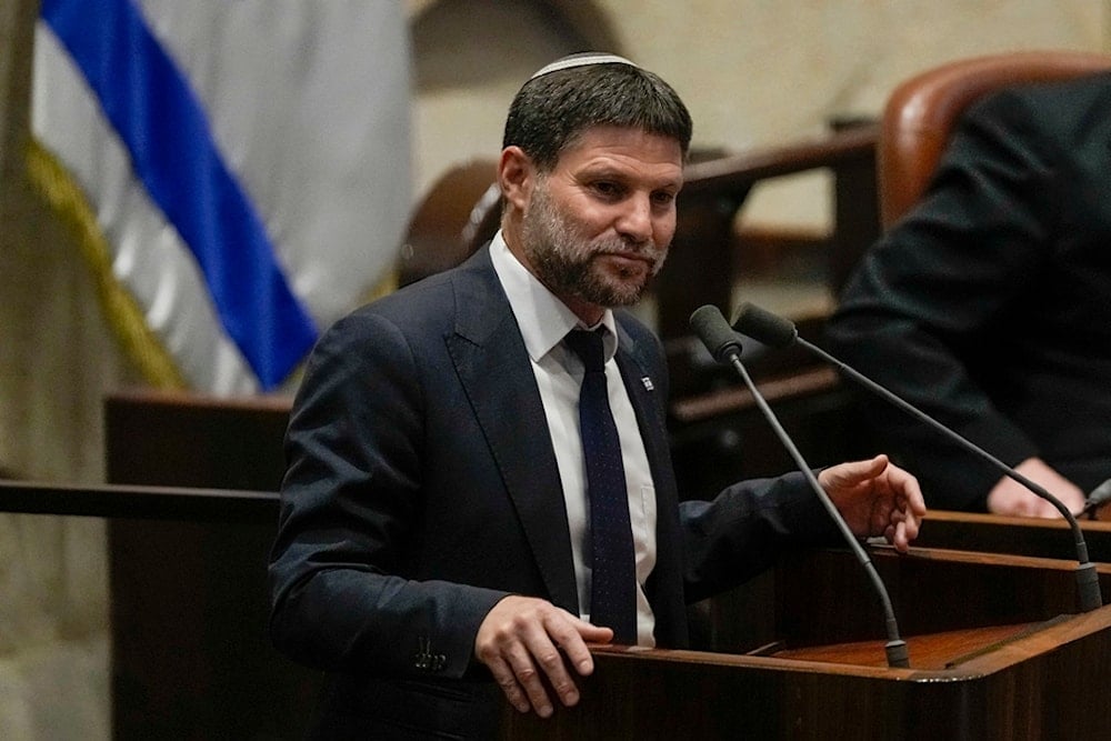 Israeli Finance Minister Bezalel Smotrich speaks at the Knesset, on July 10, 2023. (AP)