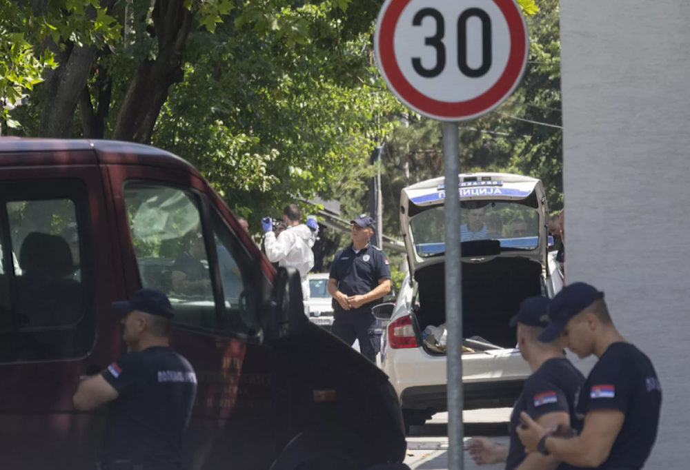 Police officers work at the scene close to the Israeli embassy in Belgrade, Serbia, on June 29, 2024. (AP)