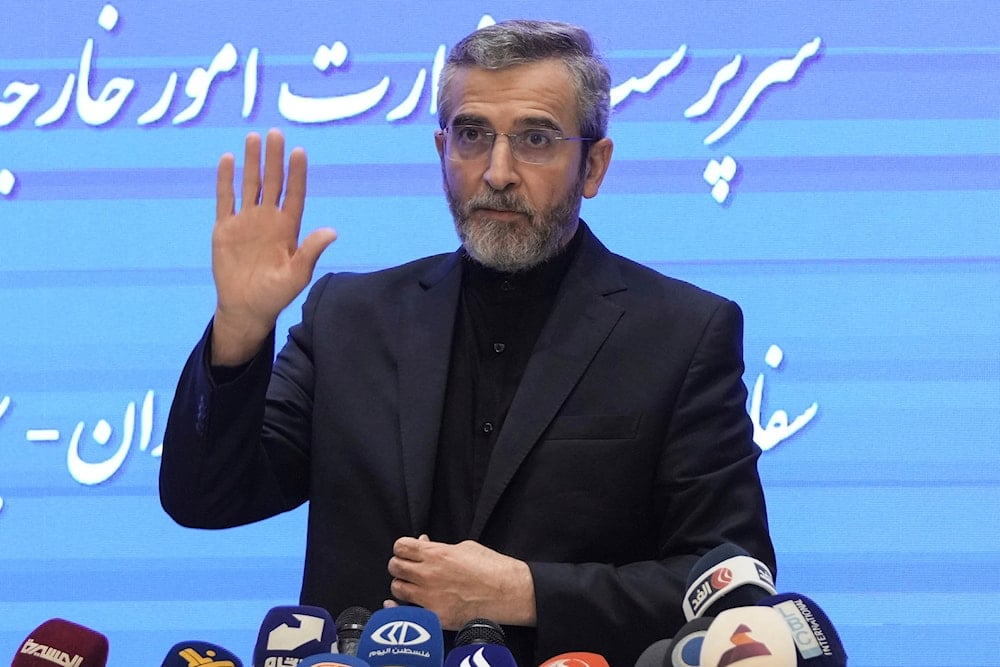 Iranian interim Foreign Minister Ali Bagheri Kani gestures to journalists during a press conference at the Iranian Embassy in Beirut, Lebanon, June 3, 2024 (AP)