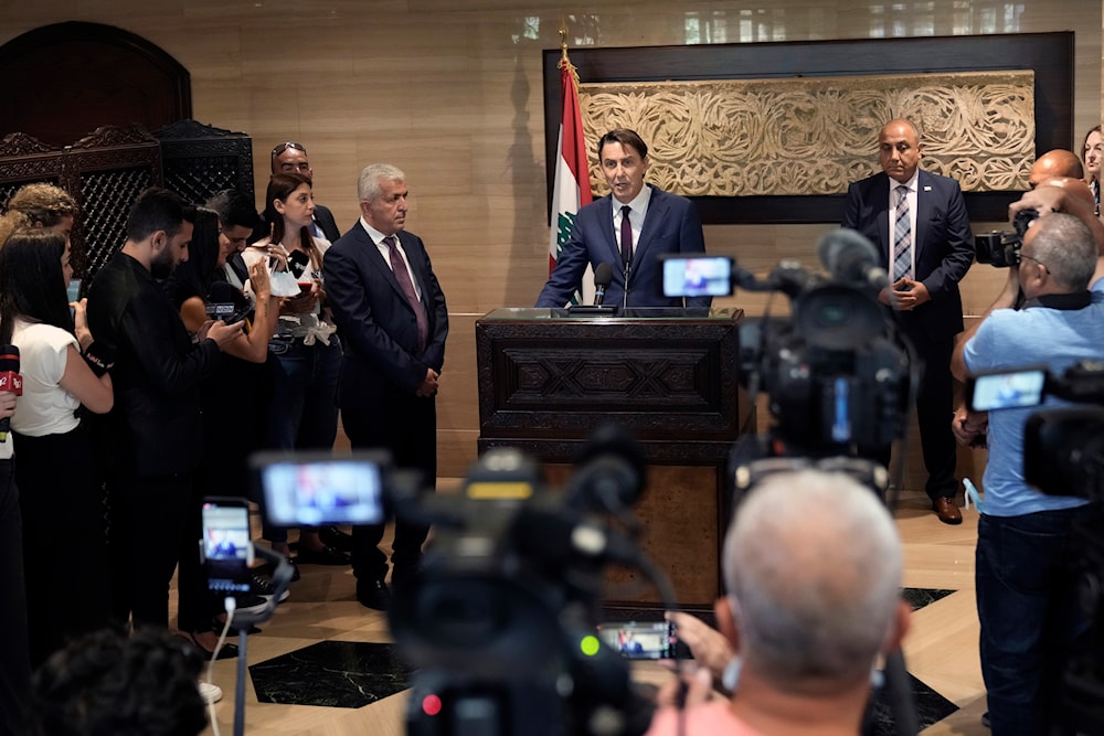 Senior Advisor to U.S. President Biden, Amos Hochstein, center, gives a statement to the media after his meeting with Parliament Speaker Nabih Berri in Beirut, Lebanon, Tuesday, June 18, 2024. (AP)