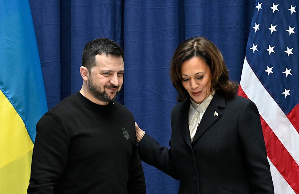 Ukrainian President Volodymyr Zelensky and U.S. Vice President Kamala Harris pose after a joint press conference at the Munich Security Conference (MSC) in Germany, Saturday Feb. 17, 2024. (Pool/AP)