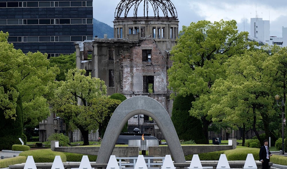 The Cenotaph for the Victims of the Atomic Bomb and the The Atomic Bomb Dome are seen at the Peace Memorial Park in Hiroshima on May 19, 2023. (AP)