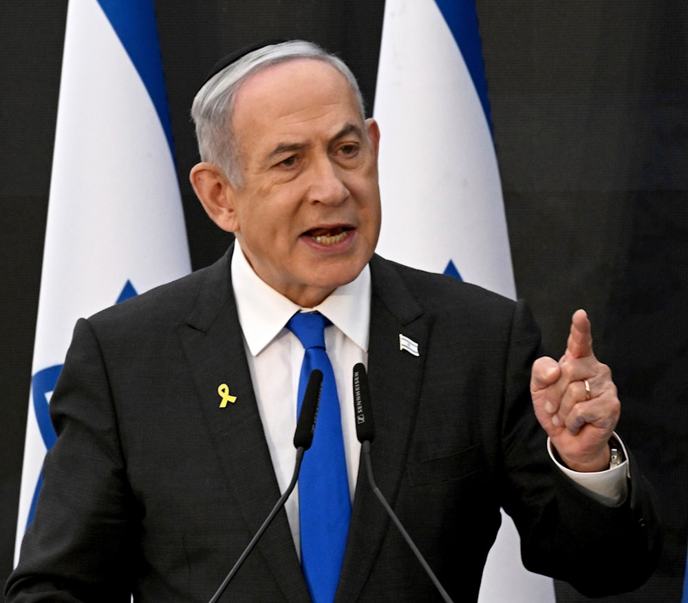 Israeli Prime Minister Benjamin Netanyahu speaks at Yad LeBanim in occupied al-Quds, occupied Palestine, May 12, 2024 (AP)