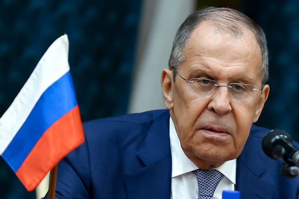 Russian Foreign Minister Sergey Lavrov during the talks with Minister of Foreign Affairs of the Republic of Burkina Faso Karamoko Jean-Marie Traoré in Congo, June 4, 2024. (Russian FM Press/AP)