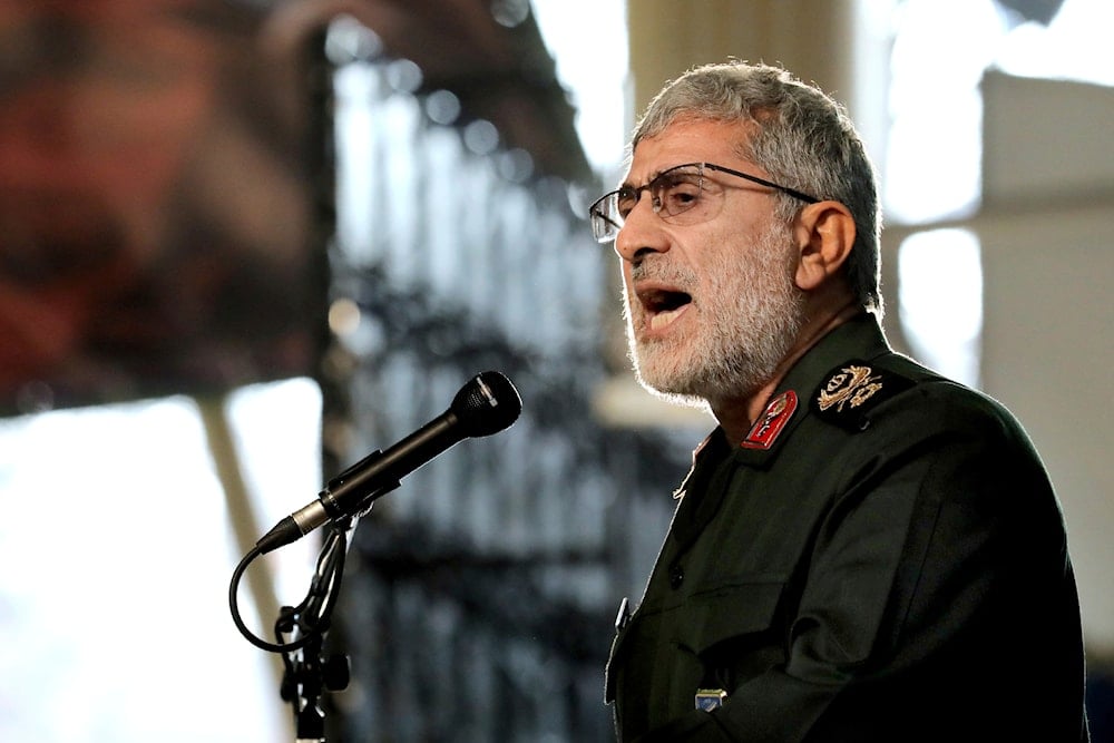 Gen. Esmail Ghaani, Soleimani's successor as the new head of Quds Force speaks during a ceremony on the occasion of first anniversary of death of the force's previous head Gen. Qassem Soleimani, in Tehran, Iran, on January 1, 2021. (AP)