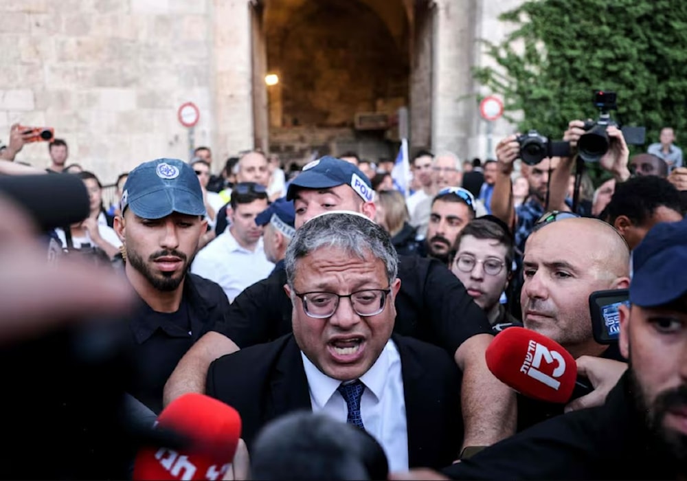 Israeli Police Minister Itamar Ben-Gvir joined settlers at al-Quds's Damascus Gate during ‘Flag March’ on Thursday June 6, 2024. (AFP)