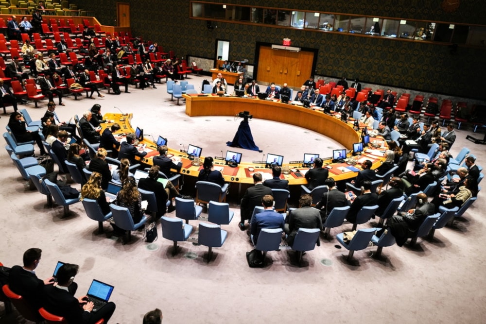 -Illustrative: The UN Security Council holds an emergency meeting on the risk of famine and attacks on humanitarian workers in Gaza, at UN headquarters in New York on April 5, 2024. (AFP)