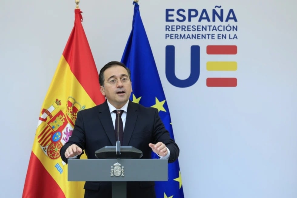 Spain’s Foreign Minister Jose Manuel Albares Bueno addresses a media conference prior to talks on the Middle East in Brussels, on May 27, 2024. (AP)