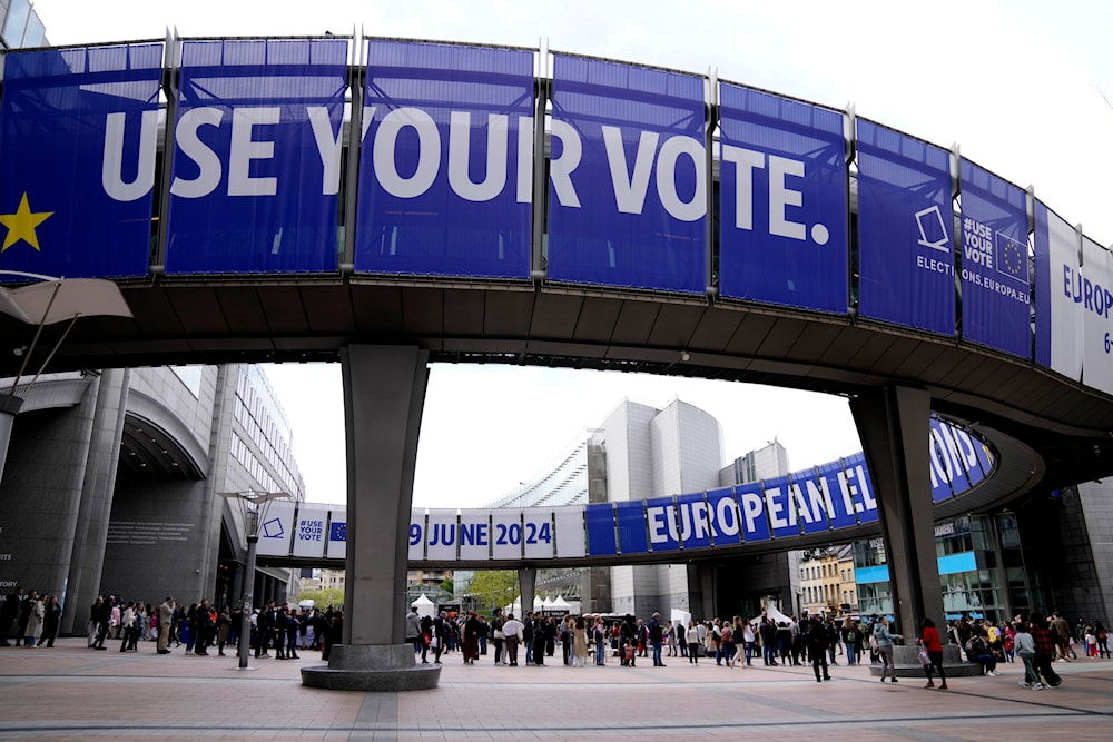 People wait in line to visit the European Parliament during Europe Day celebrations in Brussels on May 4, 2024. (AP)