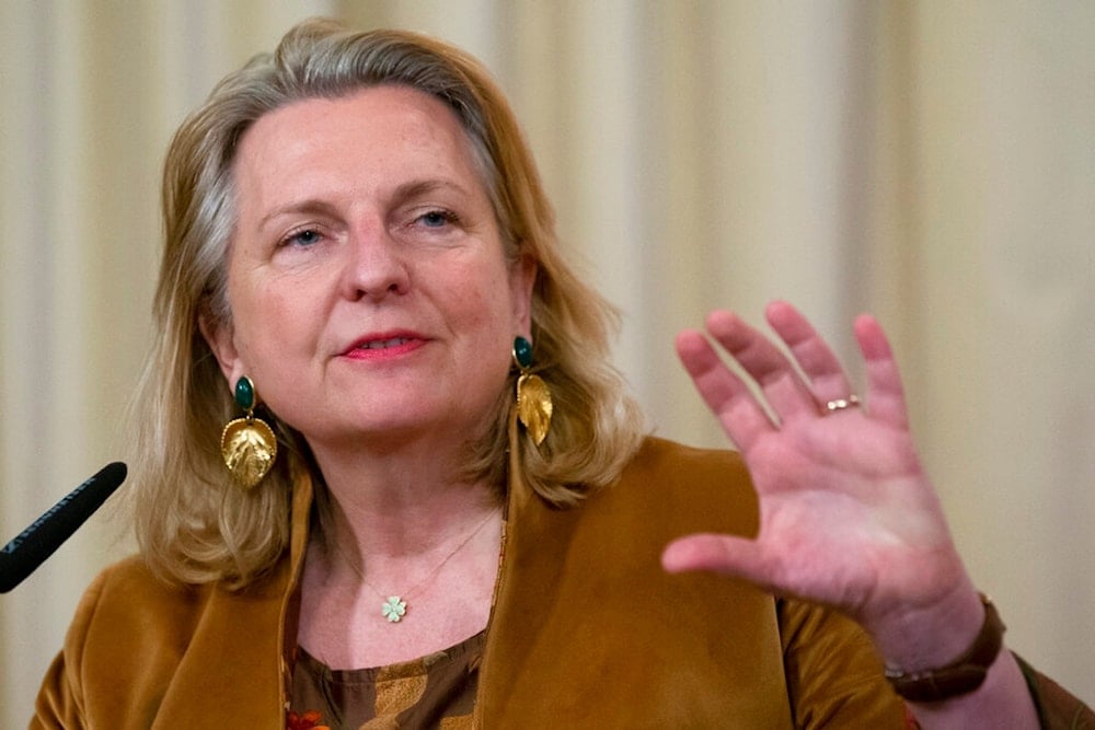 Austrian Foreign Minister Karin Kneissl gestures during a joint press conference with Russian Foreign Minister Sergey Lavrov following their talks in Moscow, Russia, Tuesday, March 12, 2019. (AP)