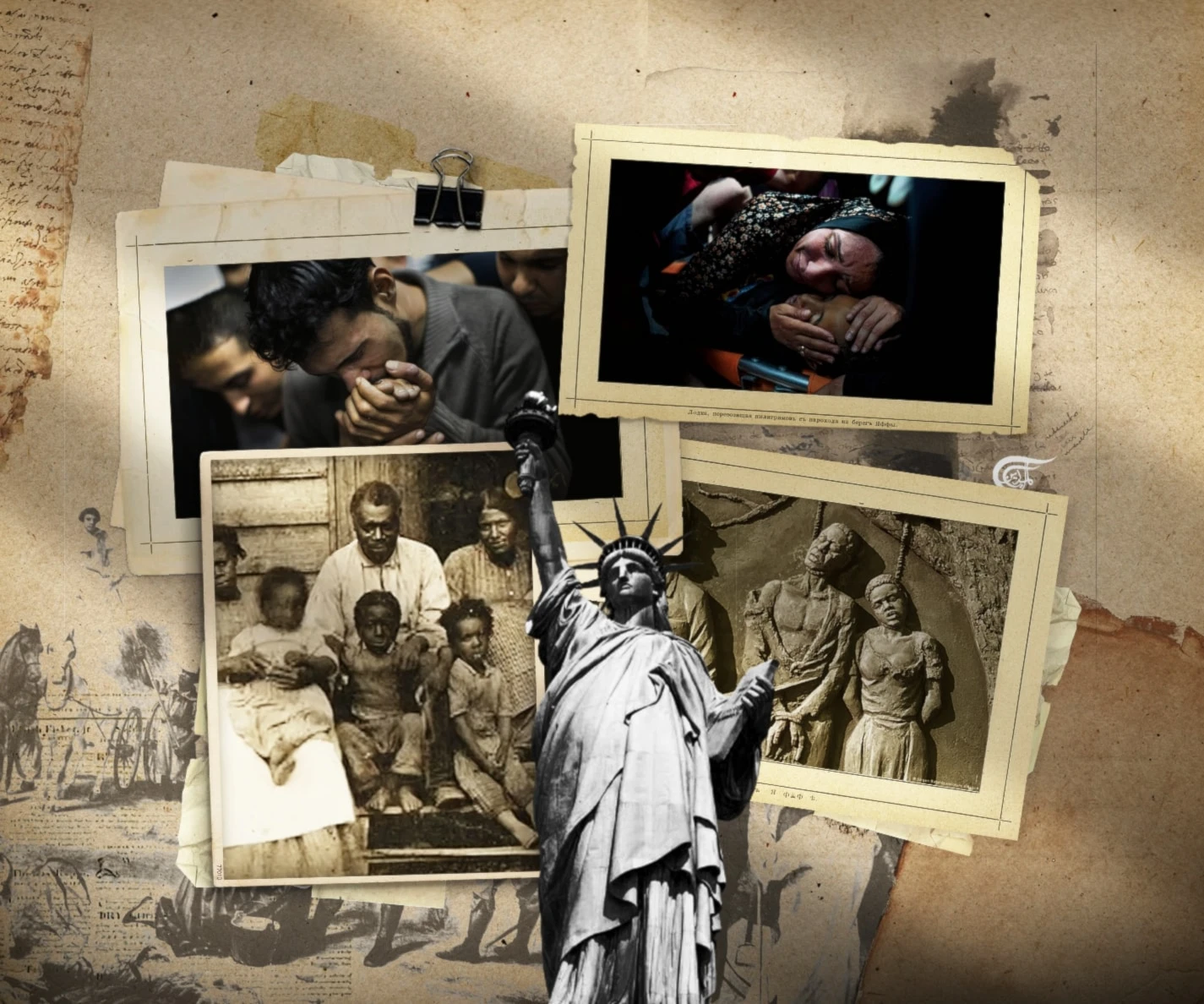 Slavery was overcome—to the extent that it was really abolished—not by a spontaneous endogenous process within liberalism. Liberalism did not reform itself. (Al Mayadeen English; Illustrated by Zeinab El-Hajj)