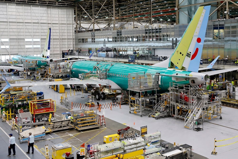 A Boeing 737 MAX aircraft is shown on the assembly line during a brief media tour at the Boeing facility in Renton, Wash., on June 25, 2024. (AP)