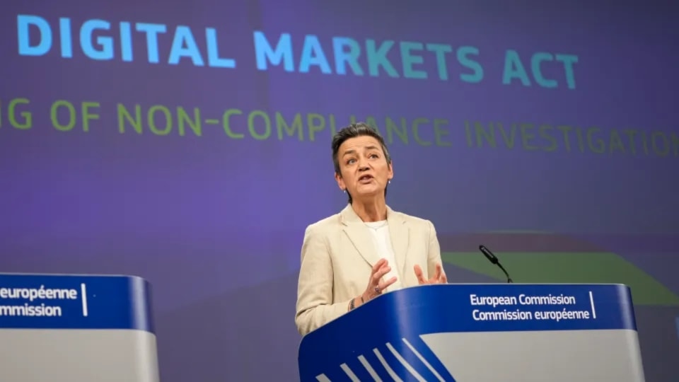 European Commissioner for Europe fit for the Digital Age, Margrethe Vestager speaks during a media conference regarding the Digital Markets Act at EU headquarters in Brussels, on March 25, 2024. (AP)