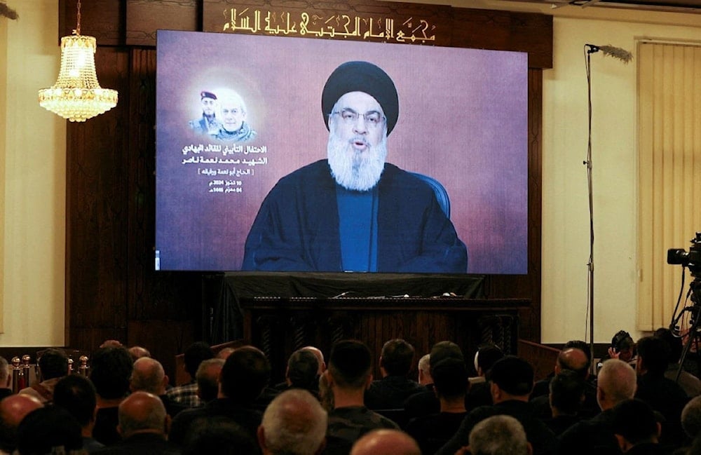 Hezbollah Secretary-General Sayyed Hassan Nasrallah speaks during the commemoration ceremony of a martyred Hezbollah commander on July 10, 2024 (Social media)