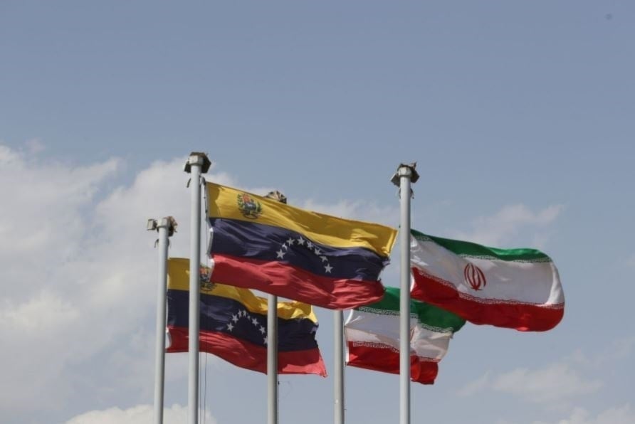 The flags of Iran and Venezuela are seen when Venezuelan President Nicolas Maduro arrives at Mehrabad airport in Tehran, Iran June 10,2022. (Social media)