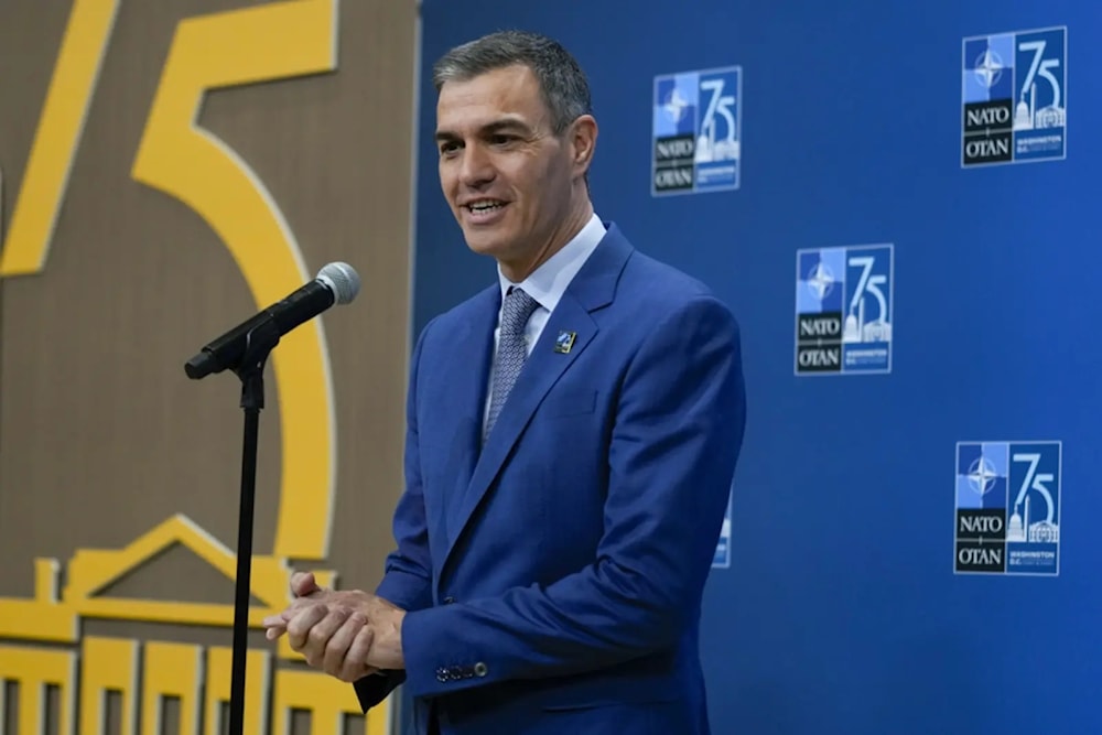 Spain’s prime minister Pedro Sanchez speaks during his arrival at the Nato summit in Washington on July 11,202 (AP)