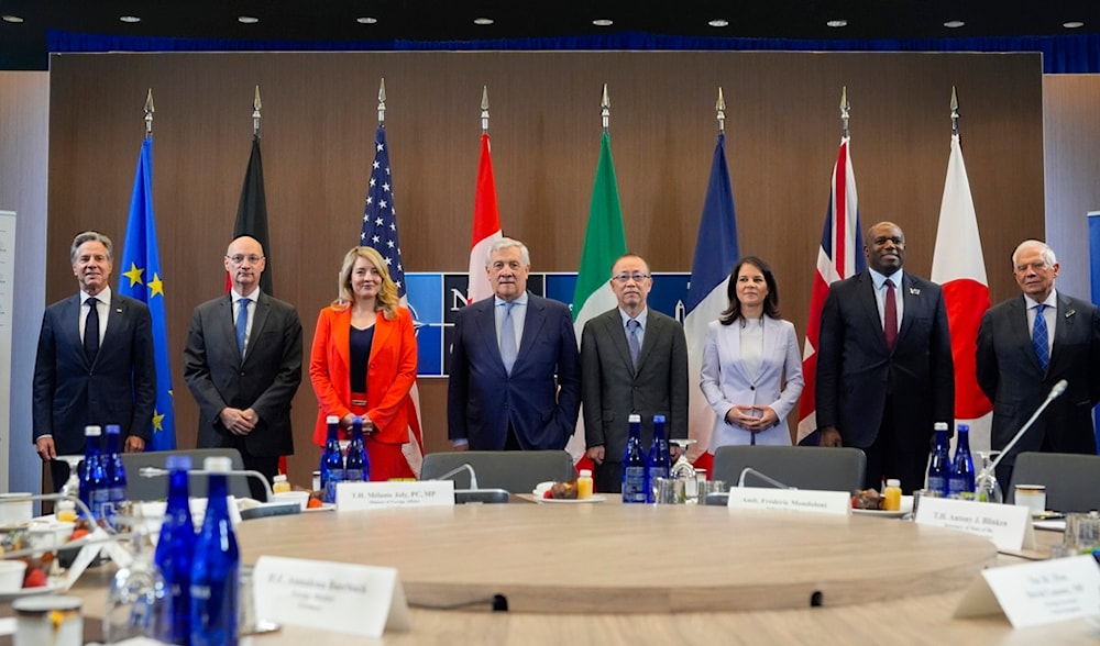 G7 leaders pose for members of the media before the start of their meeting, Thursday, July 11, 2024, during the NATO summit in Washington, United States of America. (AP)