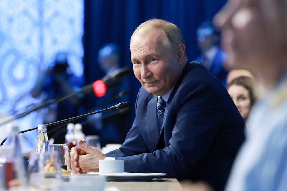 Russian President Vladimir Putin at the Russia Expo international exhibition and forum at the Exhibition of Achievements of National Economy (VDNKh) in Moscow, Russia, July 8, 2024. (Pool/AP)