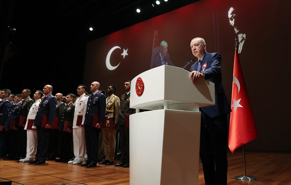 Turkish President Recep Tayyip Erdogan delivers a speech at a graduation ceremony of 181 officers, July 13, 2024. (@RTErdogan)