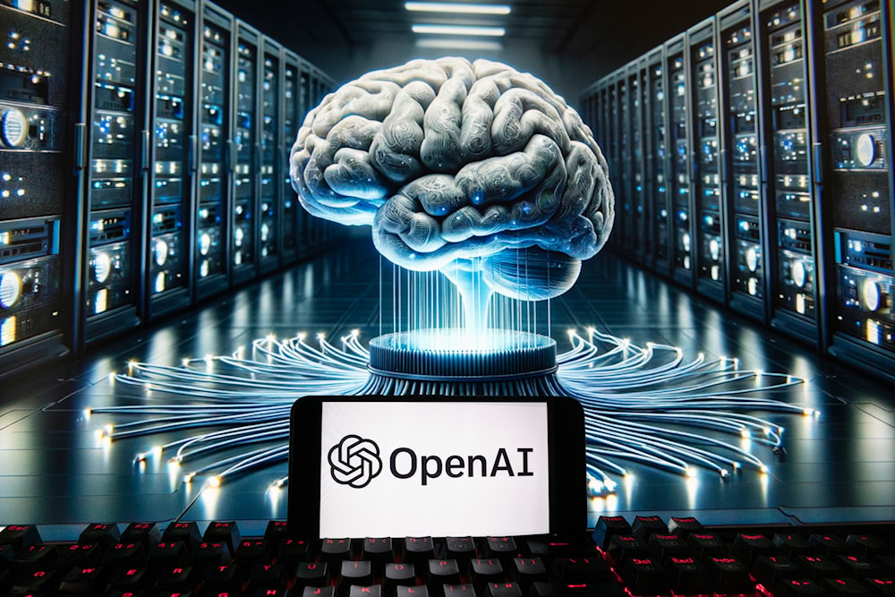 The OpenAI logo is seen displayed on a cell phone with an image on a computer monitor generated by ChatGPT's Dall-E text-to-image model, on December 8, 2023, (AP)